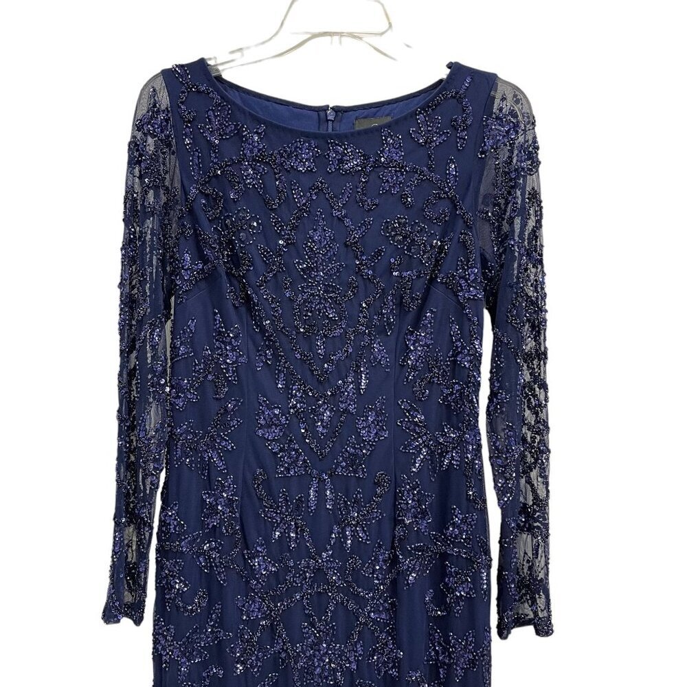Adrianna Papell Navy Beaded Sequin Midi Dress Long Sleeve Size 4 - Picture 3 of 16